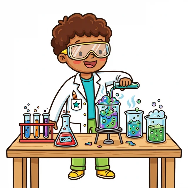 Kid scientist doing chemistry experiment coloring page