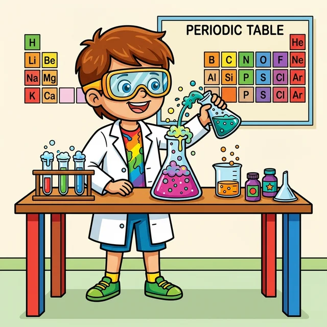 Kid scientist doing chemistry experiment in lab coloring page