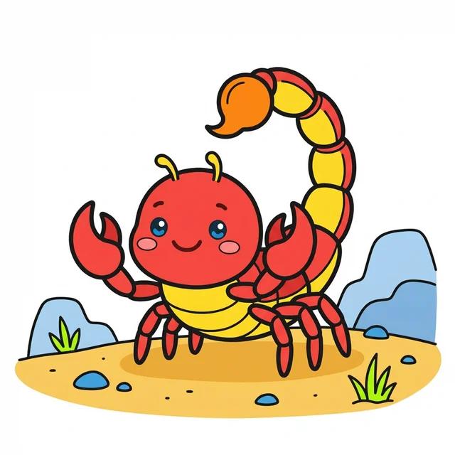 A cute cartoon scorpion on desert sand coloring page.