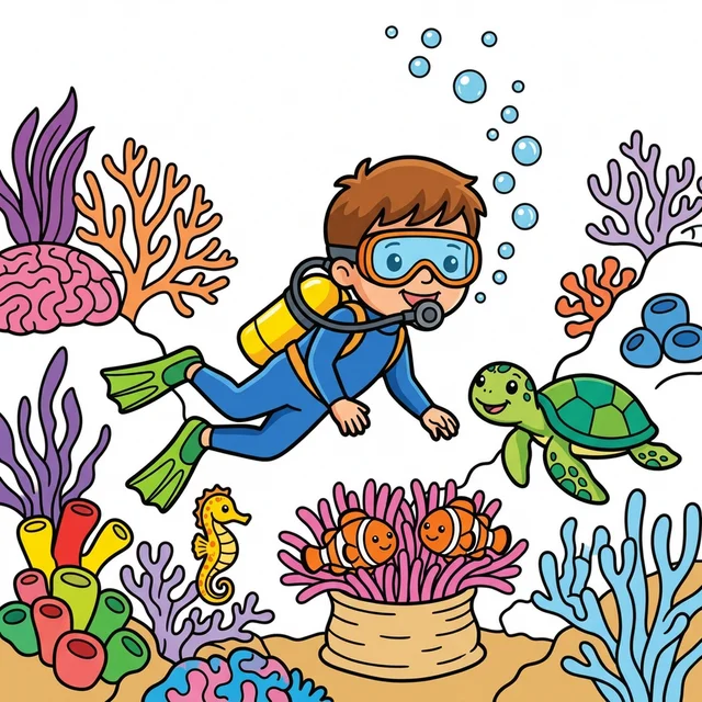 Kid scuba diver swimming near coral reef with sea turtle coloring page
