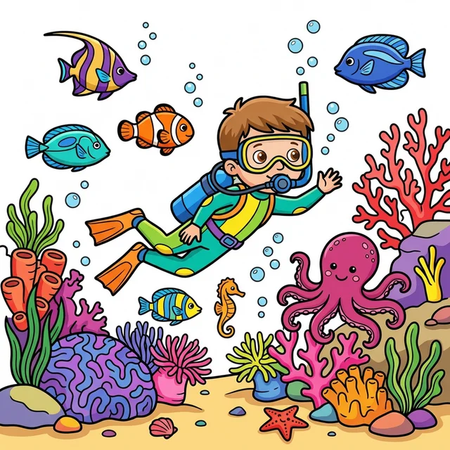Kid scuba diver exploring underwater coloring page