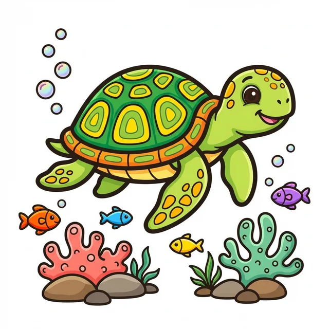 A sea turtle swimming at a coral reef with fish coloring page.