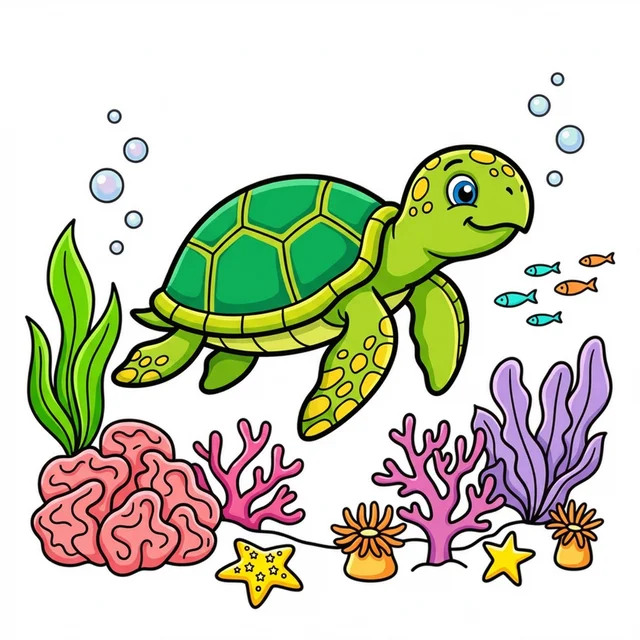 Sea turtle swimming through coral reef coloring page for kids