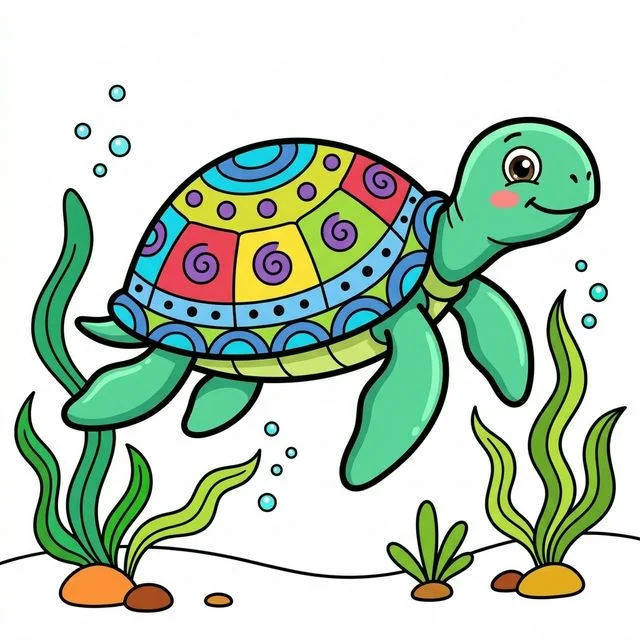 Sea turtle swimming with patterned shell coloring page for kids — free printable
