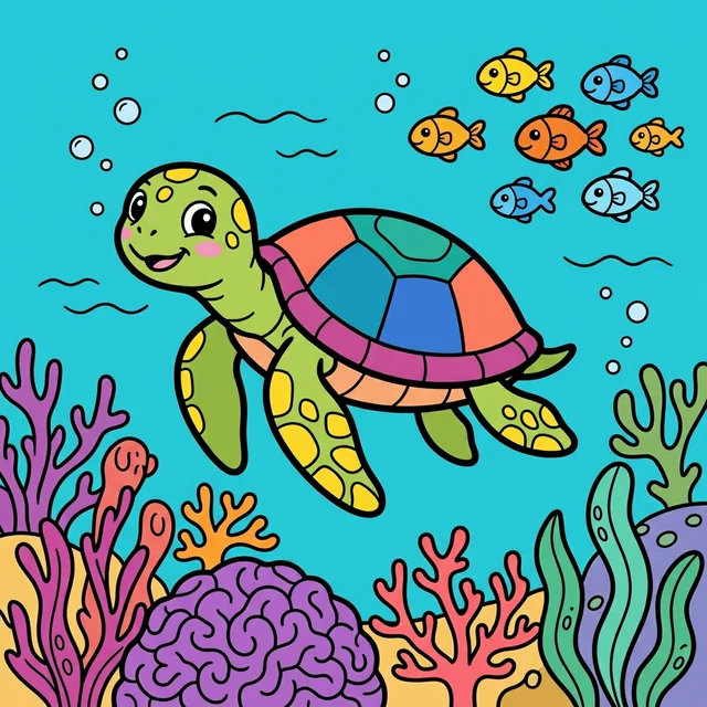 A sea turtle swimming underwater with coral and fish coloring page.