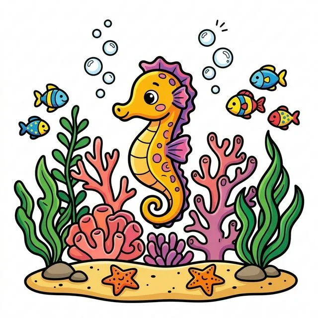 Seahorse floating among coral reef coloring page for kids