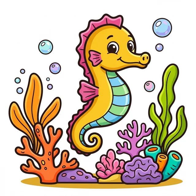 Cute seahorse swimming near coral reef coloring page for kids