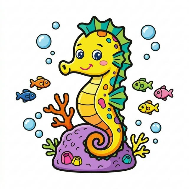 Seahorse with curly tail wrapped around coral coloring page for kids — free printable