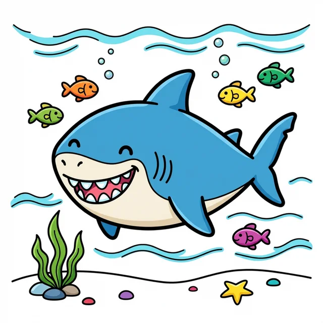 A great white shark with a big toothy smile in the ocean coloring page.