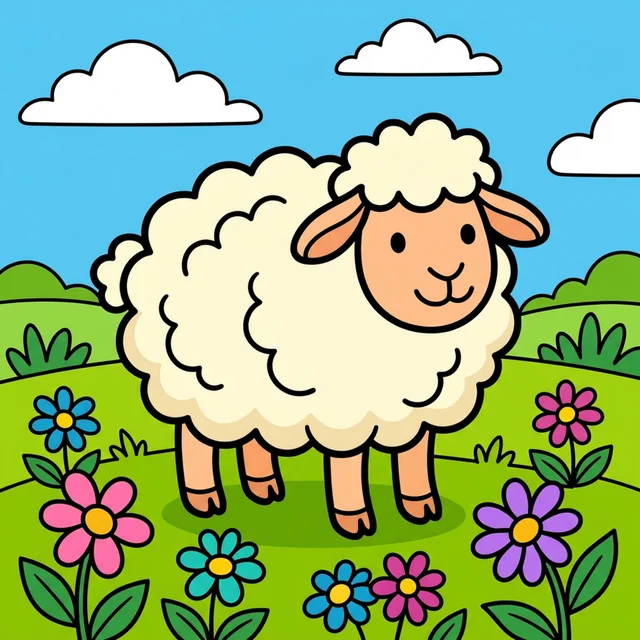 A fluffy sheep standing in a meadow with flowers coloring page.