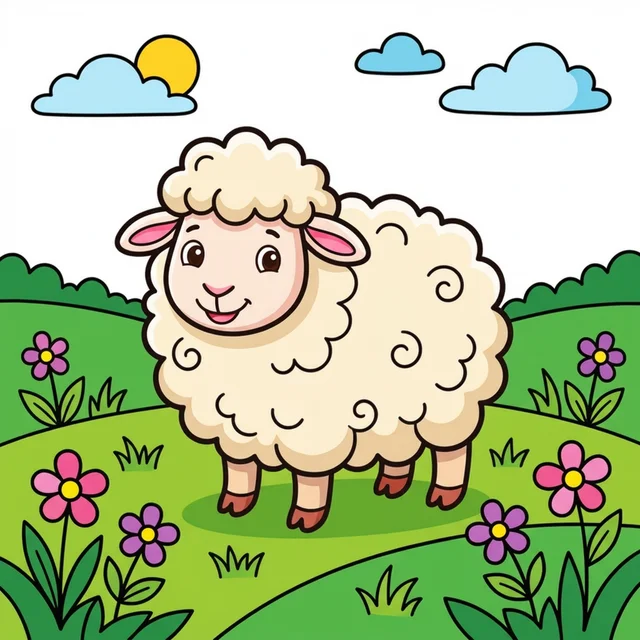 Cute fluffy sheep in flower meadow coloring page for kids