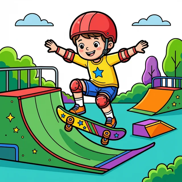 Kid doing skateboard trick at skatepark coloring page