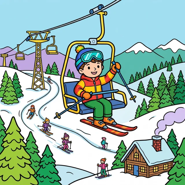 Kid riding ski lift chair up snowy mountain coloring page