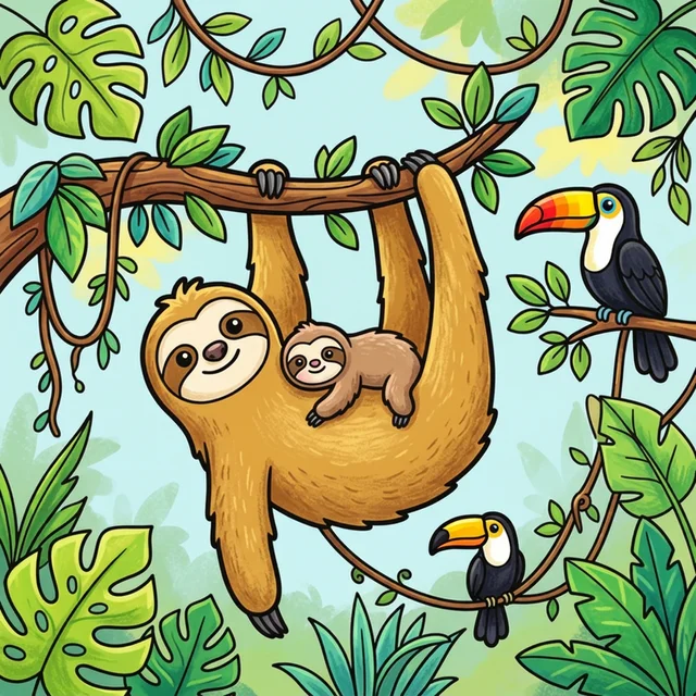 Sloth hanging from branch in rainforest with toucan coloring page