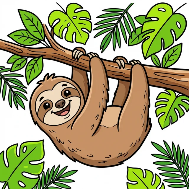 Cute sloth hanging from tree branch coloring page for kids