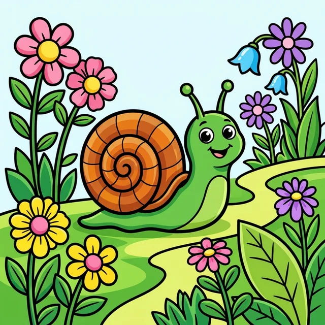 Cute snail in flower garden coloring page for kids