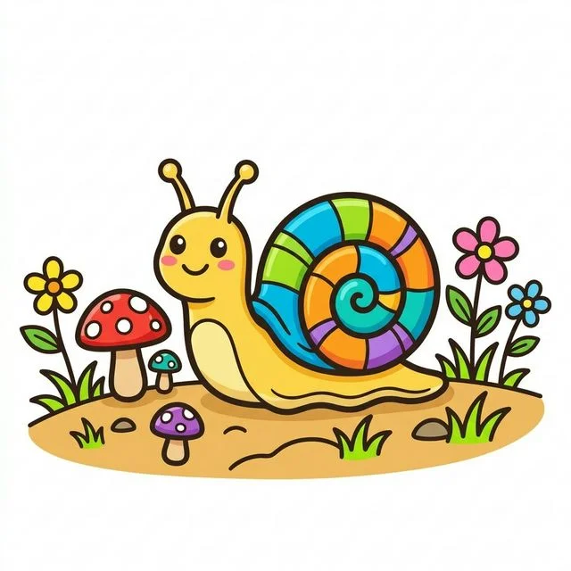 Snail with spiral shell near mushrooms and flowers coloring page for kids — free printable