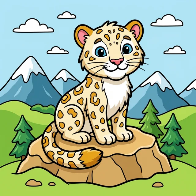 A cute snow leopard sitting on a mountain coloring page.