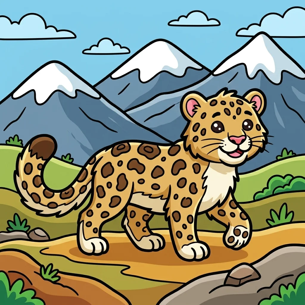 Snow Leopard walking proudly on snowy mountain coloring page for kids - free printable