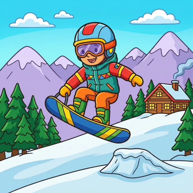 Kid snowboarding down mountain slope coloring page