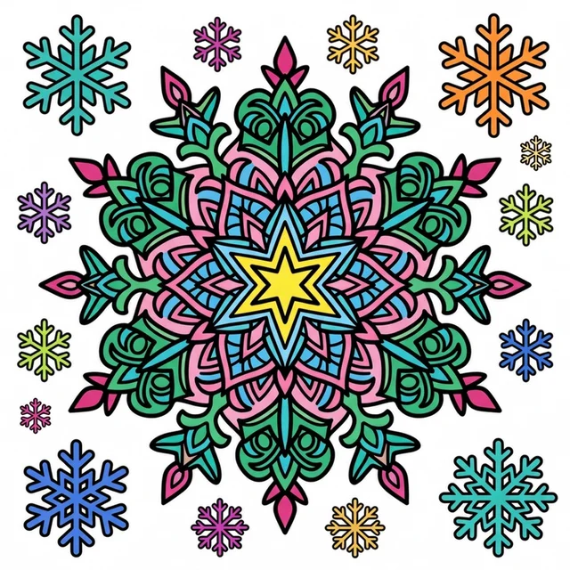 A snowflake with symmetrical patterns coloring page.