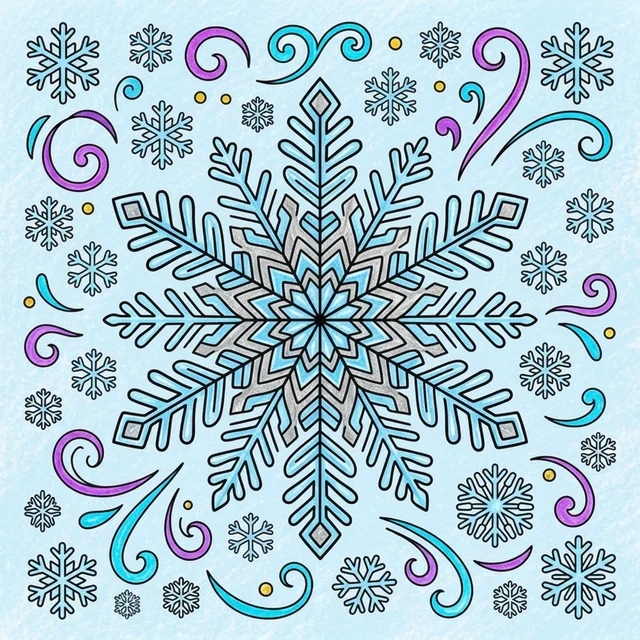 Beautiful detailed snowflake pattern with swirls coloring page for kids
