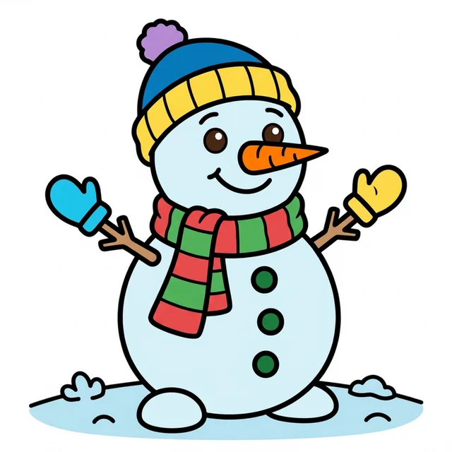 A snowman with hat scarf and carrot nose coloring page.