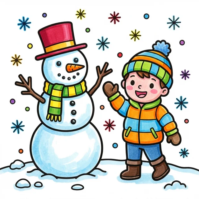Cute snowman with kid and snowflakes coloring page