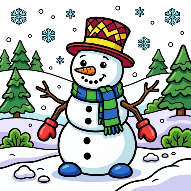 Cute snowman in winter scene coloring page for kids