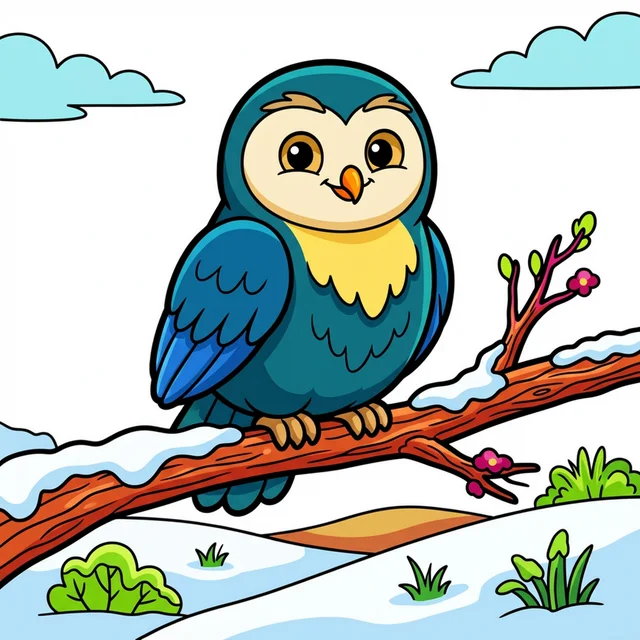 A snowy owl perched on a branch in the tundra coloring page.