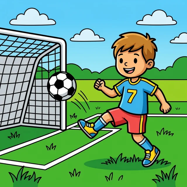 Happy kid kicking soccer ball towards goal coloring page