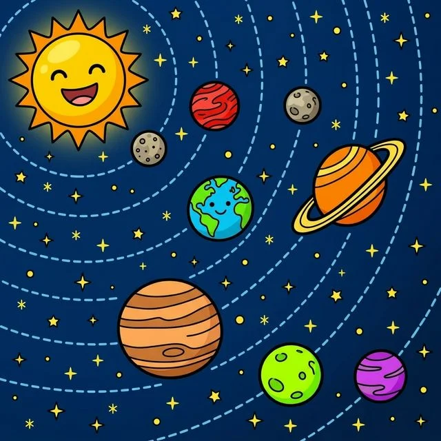 Cool simple map of the solar system with a big smiling sun and round planets in clear orbits coloring page for kids