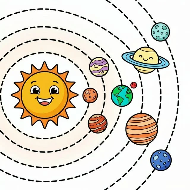Solar system with smiling sun and planets orbiting coloring page for kids — free printable