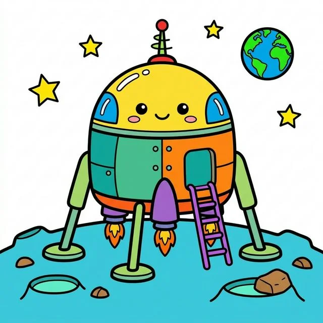Space landing module resting on moon surface with little rocket thrusters coloring page for kids — free printable