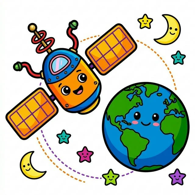Space satellite orbiting earth with big solar panels and antennas coloring page for kids — free printable