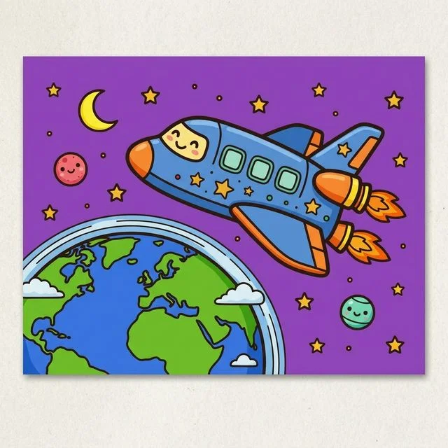 Space shuttle flying in orbit around earth with stars coloring page for kids — free printable