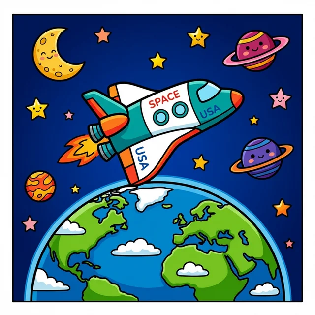Space shuttle in orbit coloring page for kids