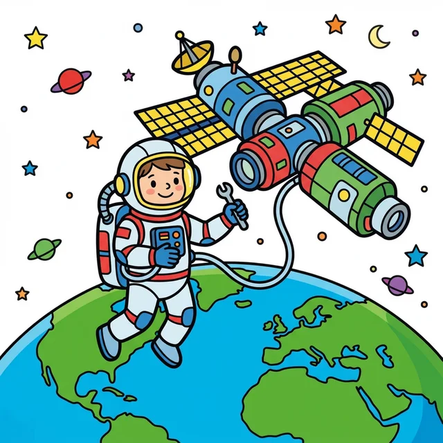 Space station with astronaut doing spacewalk coloring page