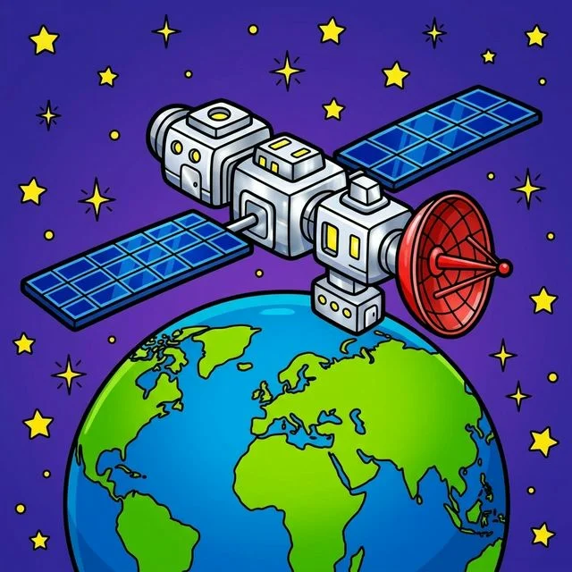 Cool futuristic cartoon space station with solar panels orbiting above a giant Earth globe with stars coloring page for kids