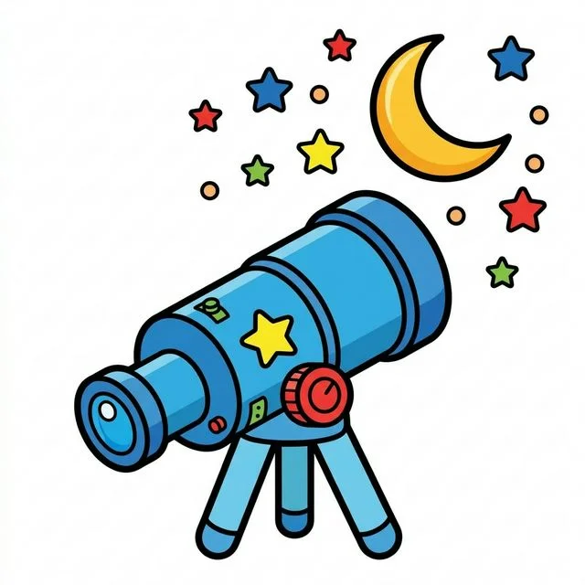 Space telescope pointing up at stars and crescent moon coloring page for kids — free printable