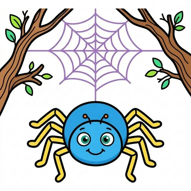 Friendly spider with eight legs hanging from web between branches coloring page for kids — free printable