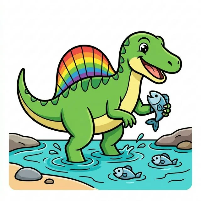 Spinosaurus with big sail on back standing in river catching fish coloring page for kids — free printable