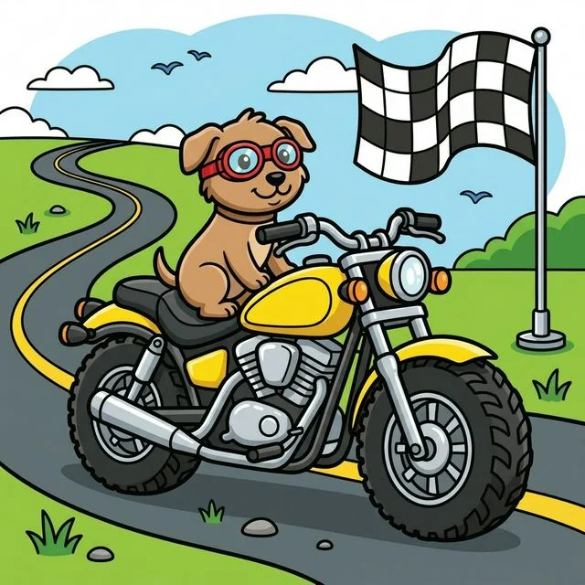 Cool sporty motorcycle with big tires and dog wearing racing goggles coloring page for kids