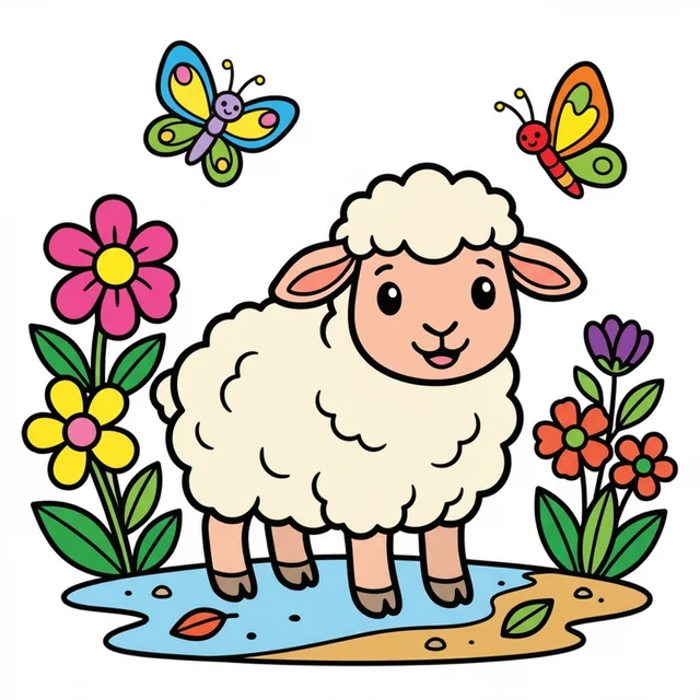 A cute spring lamb with flowers and butterflies coloring page.