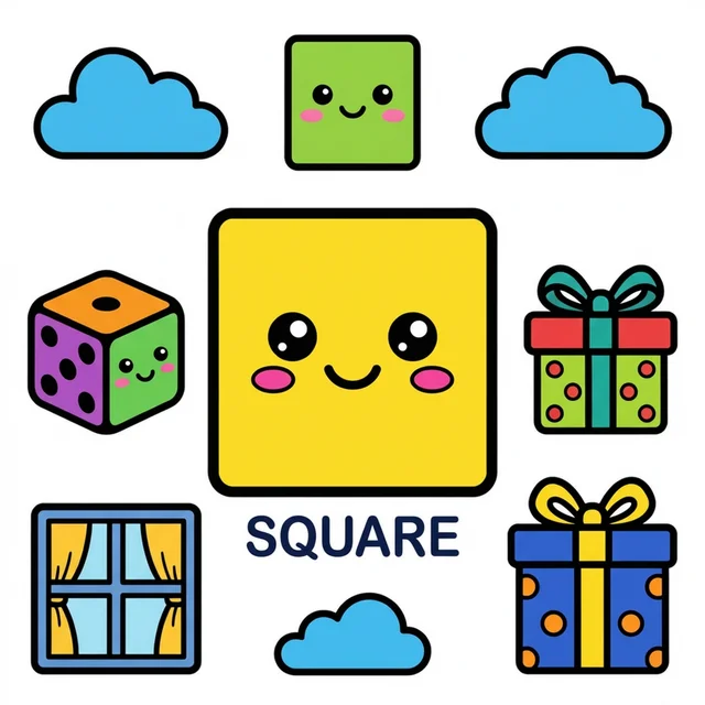 Square shape with dice, window and gift box coloring page.