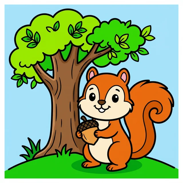 A cute squirrel holding an acorn next to a tree coloring page.