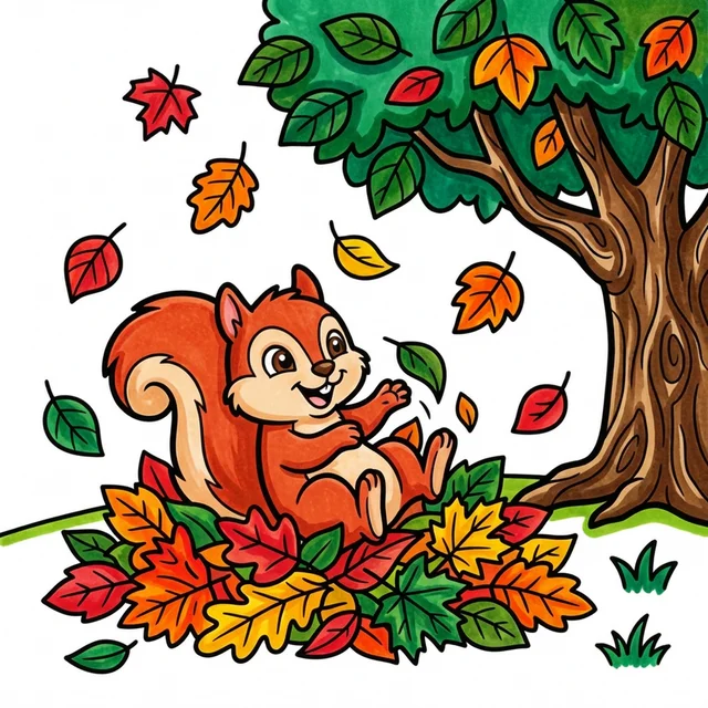 Cute squirrel playing in autumn leaves coloring page for kids