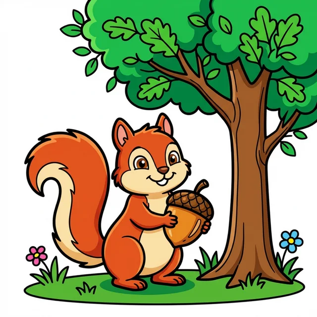 Squirrel holding acorn coloring page for kids