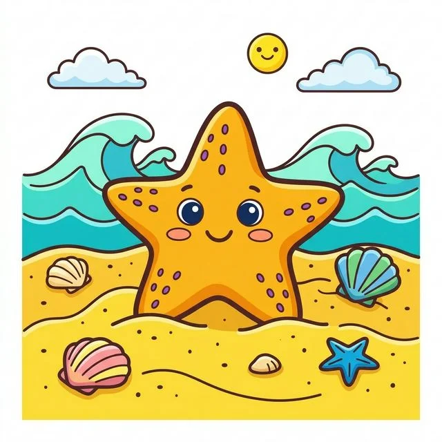 Starfish on sandy beach with seashells coloring page for kids — free printable