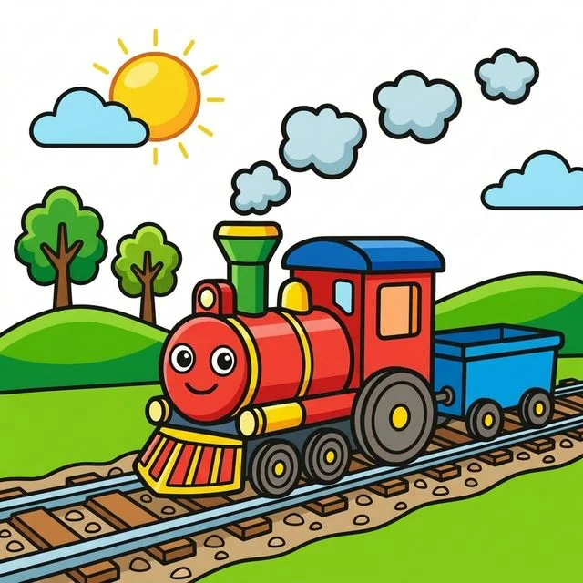 Steam train chugging along tracks with puffing smoke coloring page for kids — free printable